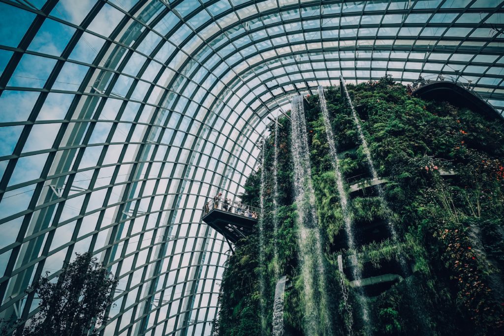 Multistory indoor garden with waterfall